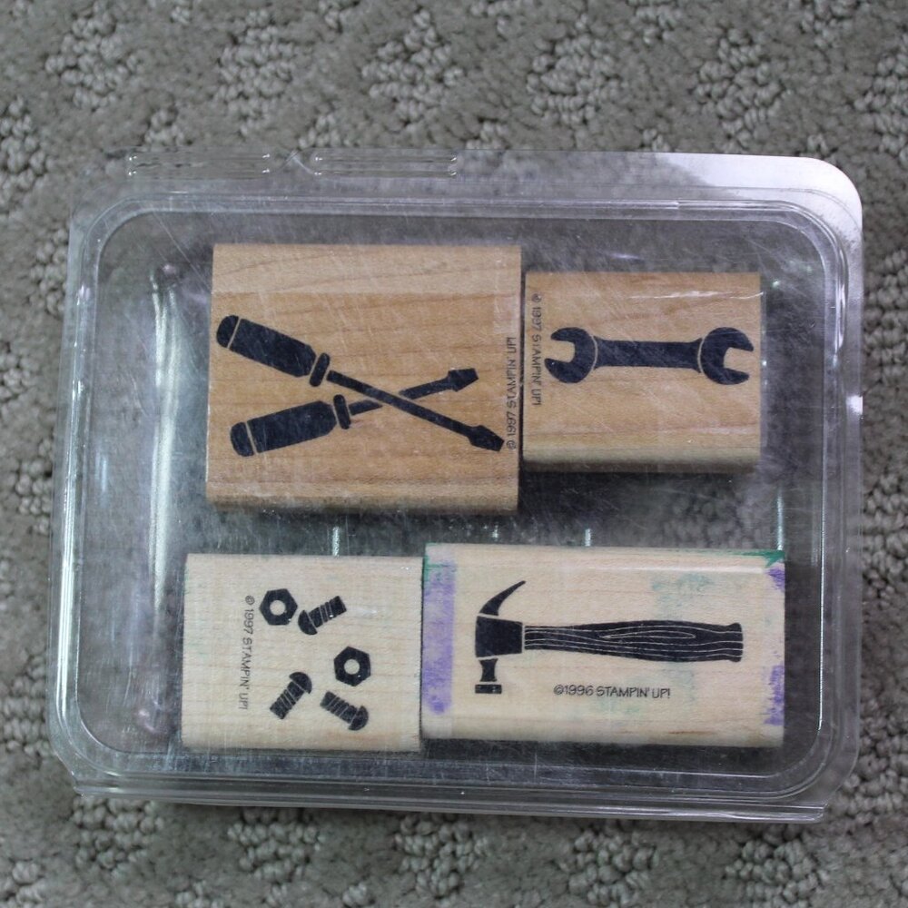 Lot of 4 Stampin' Up 1996-7 Tool Themed Good Preowned Wood Mounted Stamps